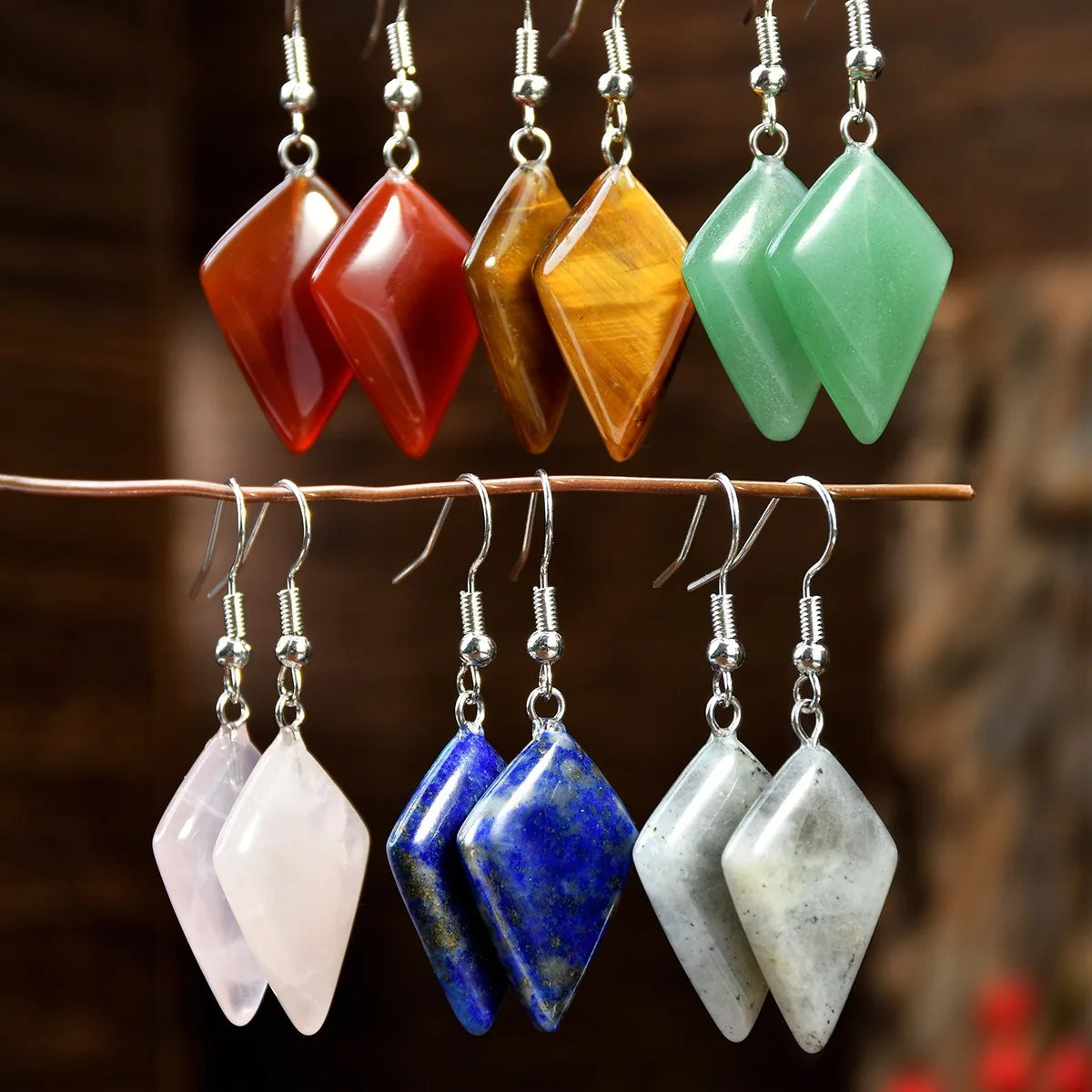 Diamond Labradorite Healing Crystal Dangle Earrings Geometric Shaped Earring Gift for Her Fashionable Diamond Shaped Tiger Eye