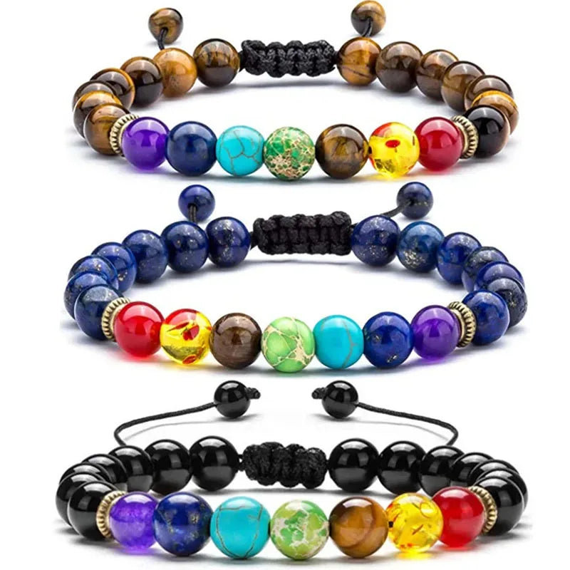 8mm Handmade Yoga Chakra Adjustable Natural Stone Beads lava tiger Eye Lapis Bracelet for Men and Women