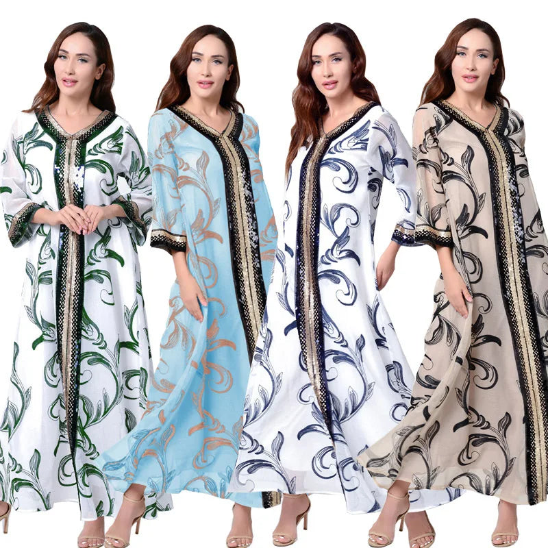 Unique Design Sequin Embroidered Floral Printed Muslim Long Robes Dubai Ethnic Style Fashion Women's Jalabiya Luxury Abaya Lanna