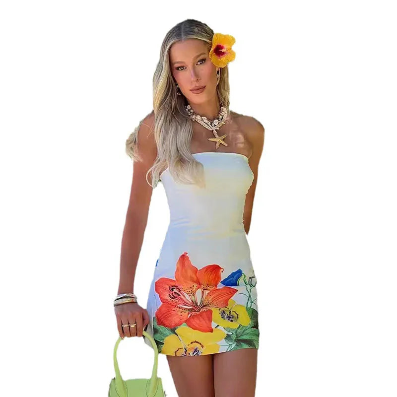 RNSHANGER Woman Clothes Floral Print Sleeveless Mini Dress Y2K Streetwear Fashion Strapless Backless Slim Beach Holiday Dresses