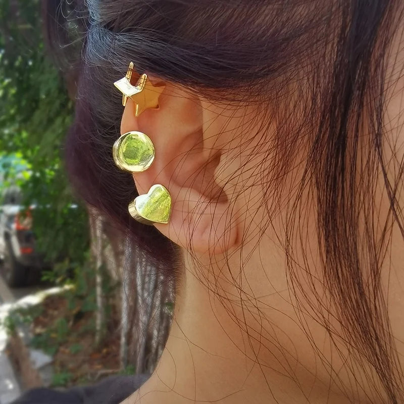 18K Gold Plated Brass Jewelry Heart Pentagram Round Shaped Design Single Ear Clip Stackable Accessories Earrings E221356
