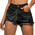 Women's Chic Straight-Style Black Ripped Mid-Rise Jeans Stylish Casual Denim Shorts with Chains Breathable Feature