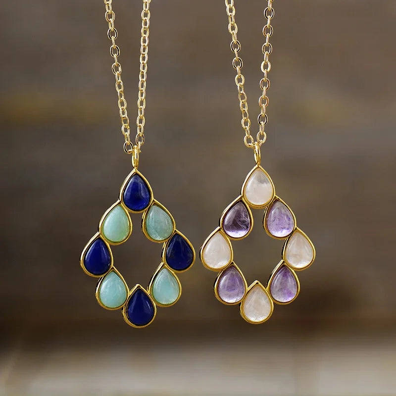 Water Drop Rose Quartz Lapis Crystal Healing Stone Short Pendant Necklace with Gold Plating Ethnic Style for Party or Gift
