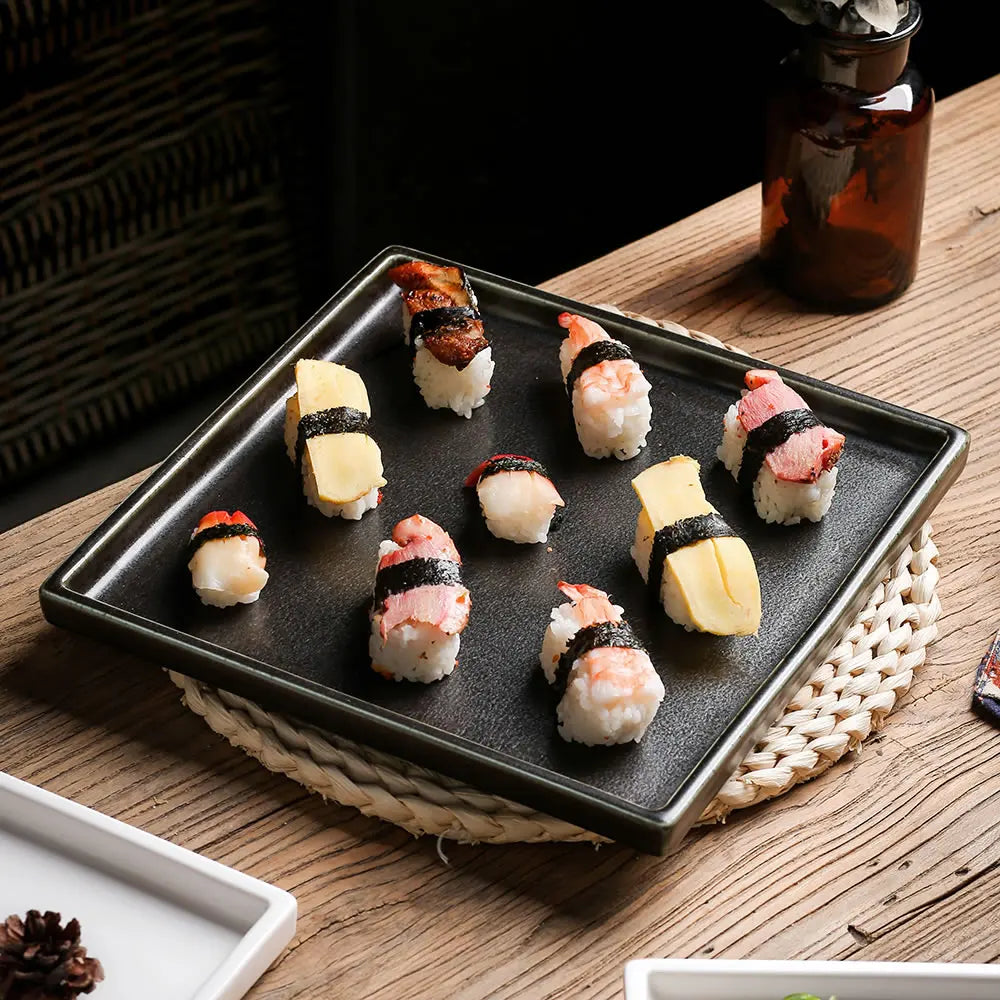 Wholesale 8 Inch Restaurant and Hotel Reactive Black Porcelain Serving Dinner Plate Dishes Ceramic Japanese Sushi square Plates