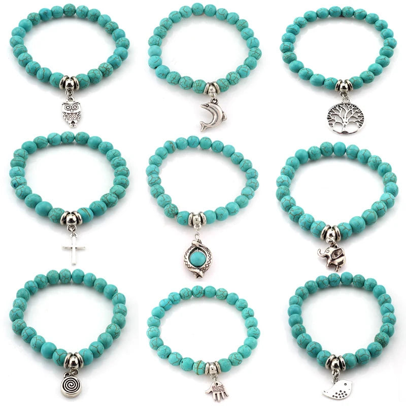 Hot Selling Natural Turquoise Stones Bracelet for Women Birdelephant Charm Set Wholesale Cheap Lady Jewelry Boho Bracelet