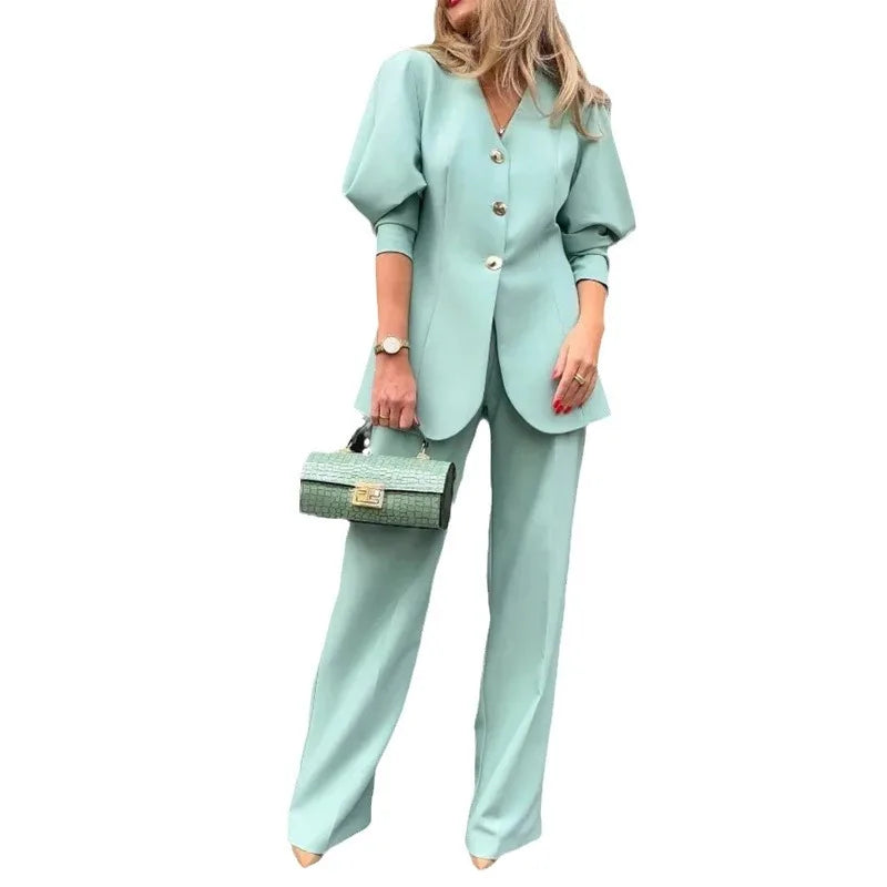 Boutique Wholesale 2026 Autumn New Fashion Solid Color Lantern Sleeves Loose Suit Temperament Commuting Women's Set