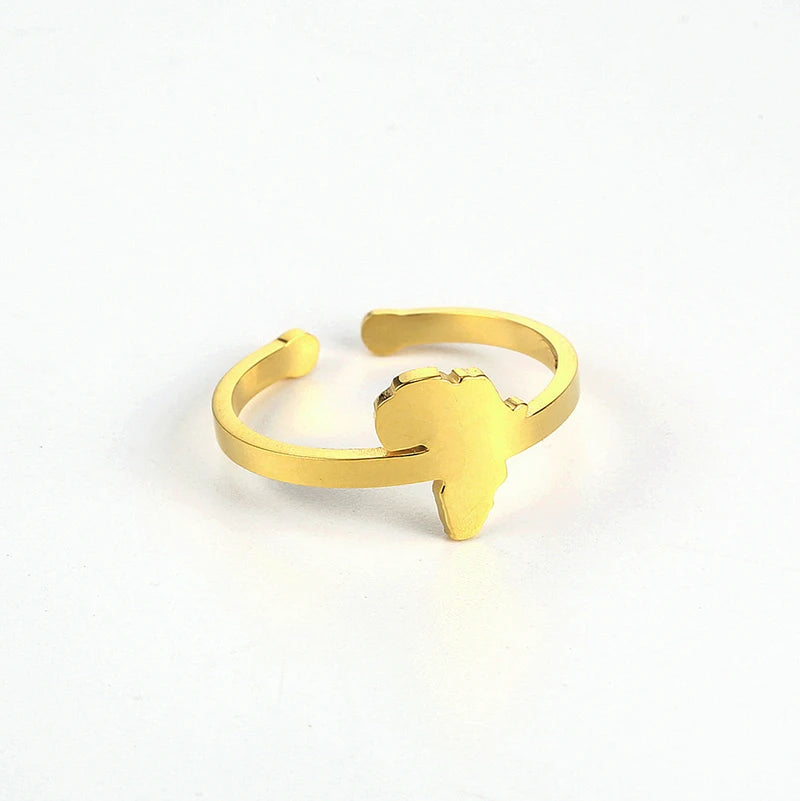 Waterproof 18K Gold African Rings Jewelry Wholesale Fashion Stainless Steel African Map  Adjustable Ring for Girls and Women