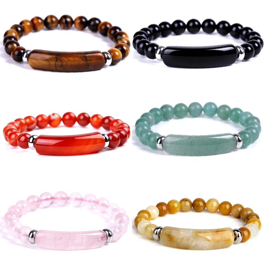 Wholesale 8mm Real Gem Precious Opal Jade Agate Tiger Eye Women Adjustable Healing Natural Stone Beaded Bracelet Jewelry