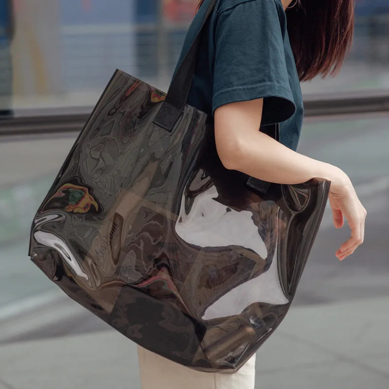 Women's Vintage Transparent PVC Tote Bag Portable Clear Laser Handbag Holographic Iridescent Shopping Jelly Bag Hologram Design
