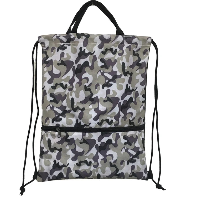Trip Hiking Camping Camouflage Polyester Foldable Large Drawstring Backpack Bag with Zippered Pocket