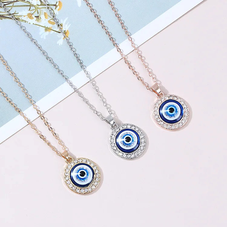 Turkish Evil Eyes Charm Necklace Crystal Rhinestone Round Heart Gold Plated Evil Blue Eye Pendant Necklace for Women Jewelry
