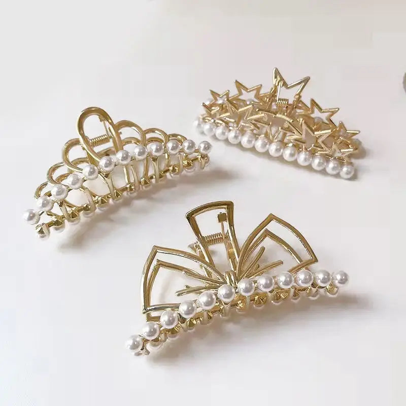 9cm Custom Large Simple Bowknot Hair Claw Korea Alloy Diamond Shark Hair Clip for Girl Luxury Metal Pearl Rhinestone Hair Crown