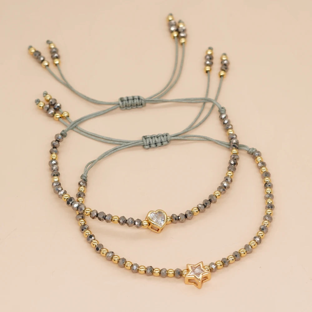 Go2boho Crystal Zircon Heart Star Charm Friendship Bracelets for Women Gold Bead Adjustable Fashion Jewelry New Trendy in Summer