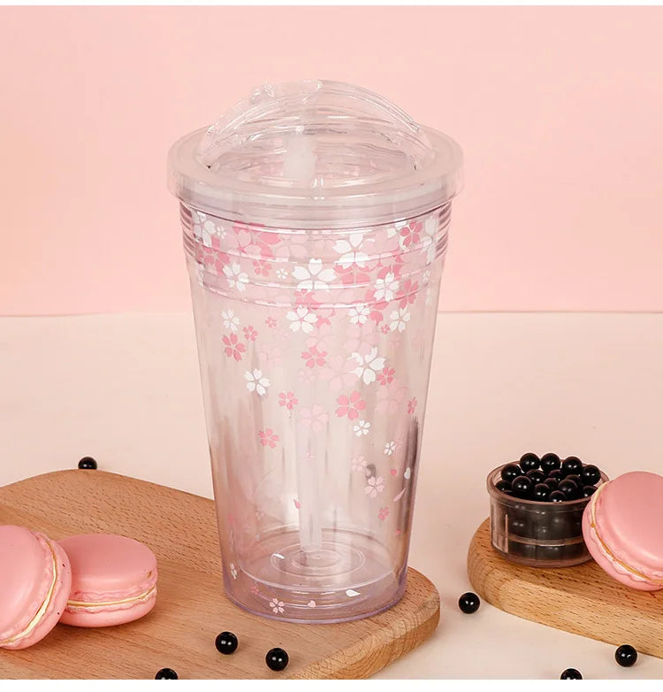 Custom 16oz Cherry Blossom Printed Mug with Push Button Lid BPA-Free Plastic Tumbler Cup