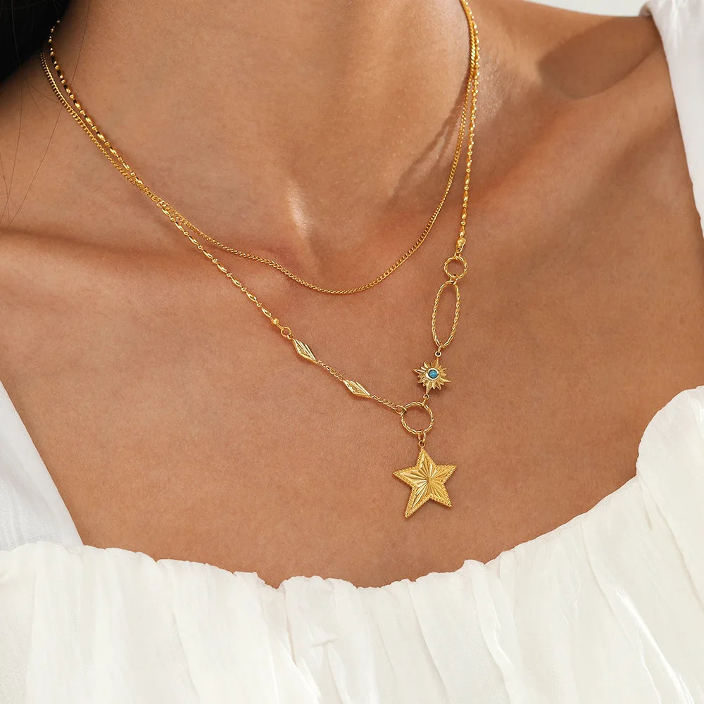 14k Gold Plated Jewelry Layering Necklace Stainless Steel Double Layer Five Pointed Star Clavicle Pendant Necklace YF3223