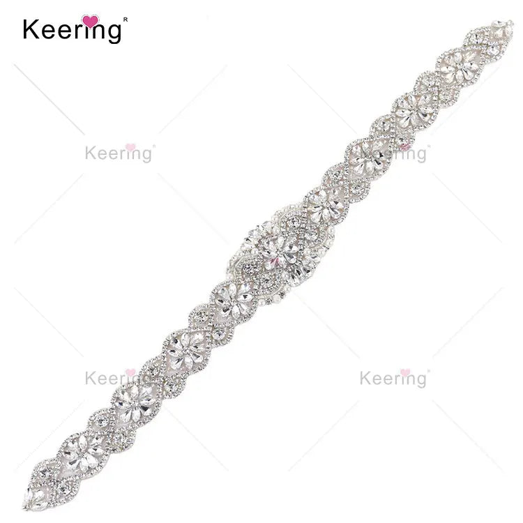 Keering Hot Selling WRA-913 Gold Silver and Rose Gold Bling Rhinestone Applique Belts Bodice Crystal Bridal Banding Trim