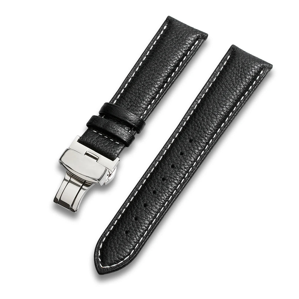 Factory Custom High Quality Leather Watch Strap with butterfly Watch Clasp 18 20 22mm Leather Watch Bands