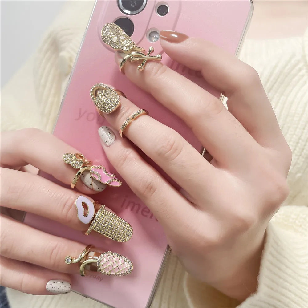 DUYIZHAO New Trendy Brass CZ Paved Nail Fingertip Gold Rings Crown Butterfly Manicure Press on Fingernail Rings for Women Gift