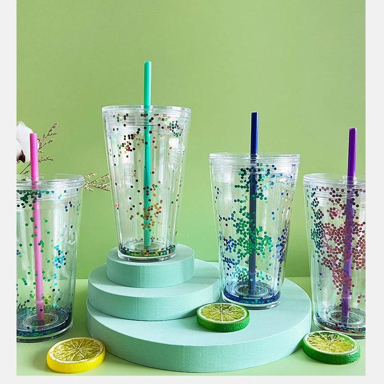 Wholesale custom 16oz glitter double wall tumbler plastic tumblers water bottle tumbler plastic coffee mugs with straw and lid