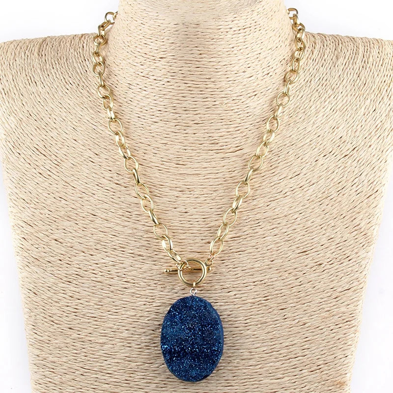Newest Alloy Link Chain Necklace Shiny Oval White Blue Orang Druzy Pendant Choker Necklace