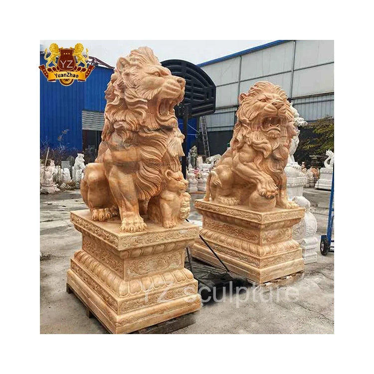 Hand Carved Outdoor Decoration Life Size Red Marble Standing Stone Lions Statues