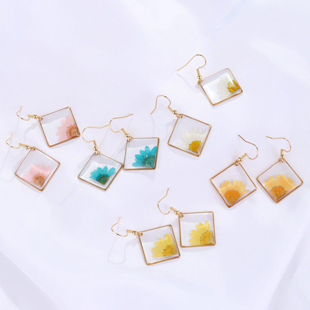 2022 Custom Fashion Jewelry Resin Dried Flowers Earings Charms Women Stainless Steel Earrings