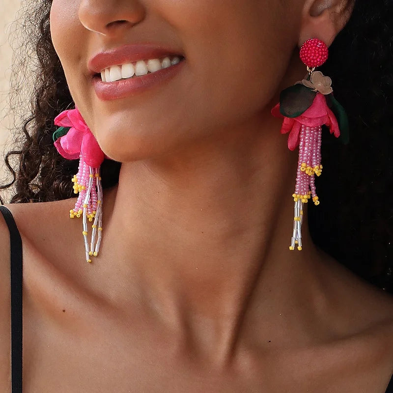 2025 new styles Handmade Bohemian Style Long Tassel Fabric Flower Earrings Cross-Border Fashion Drop Earrings