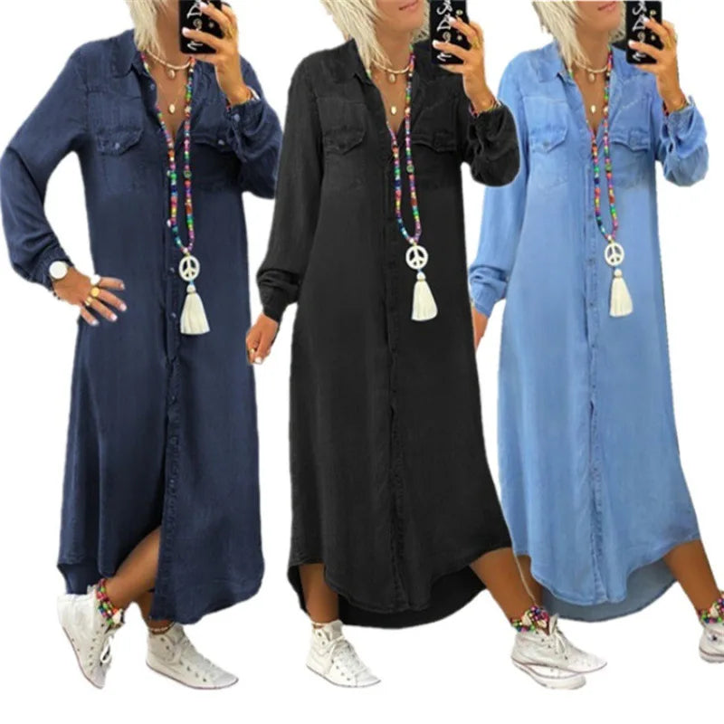 Spring Autumn Womens Clothing Shirts Dress Vintage Wash Long Sleeve Denim Women's Casual Dress