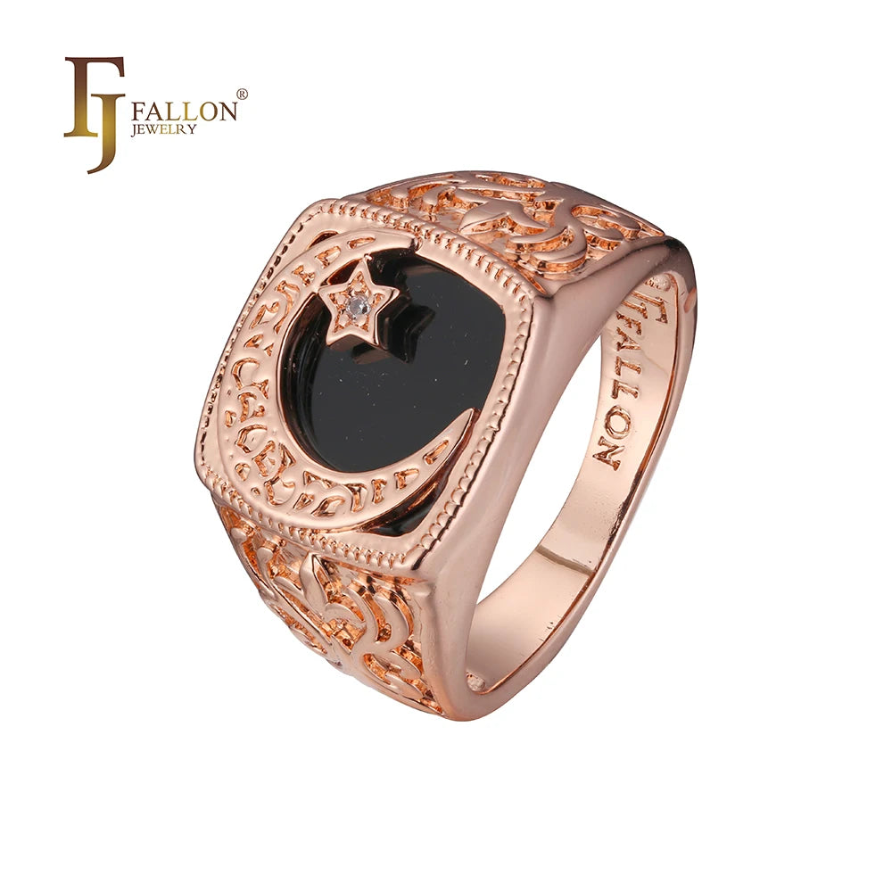 FJ Fallon Fashion Jewelry Black Painted Muslim Islamic Men's Signet Rings Plated in Rose Gold Brass Based
