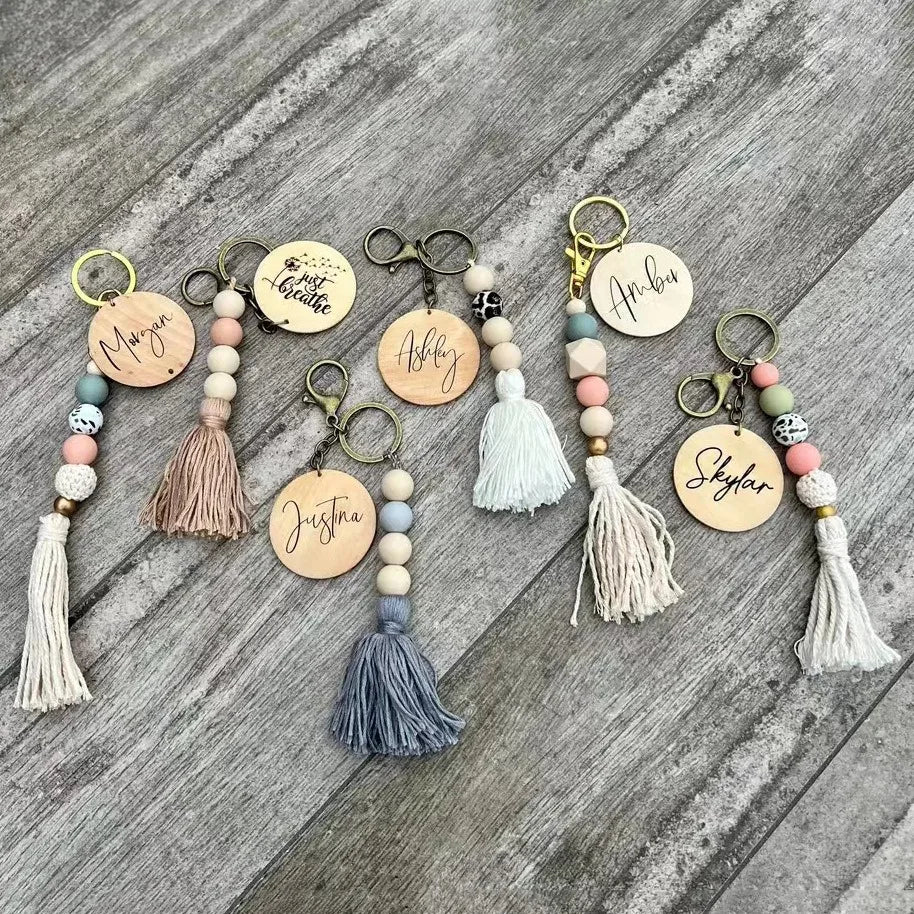 Personalized Boho Chic Macrame Keychain Cotton Rope Silicone Beads Wooden Sleutelhanger Fashion Bag Accessories Gift Cute Doll