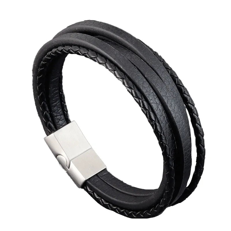 Men's Fine Jewelry Leather Woven Bracelet Handmade Stainless Steel Fashion Bangles Silver for Gift