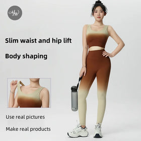 High Waist Gradient Nylon Yoga Pants Soft Casual Lounge Trousers with Custom Logo 2pcs Comfortable Women's Yoga Leggings Set