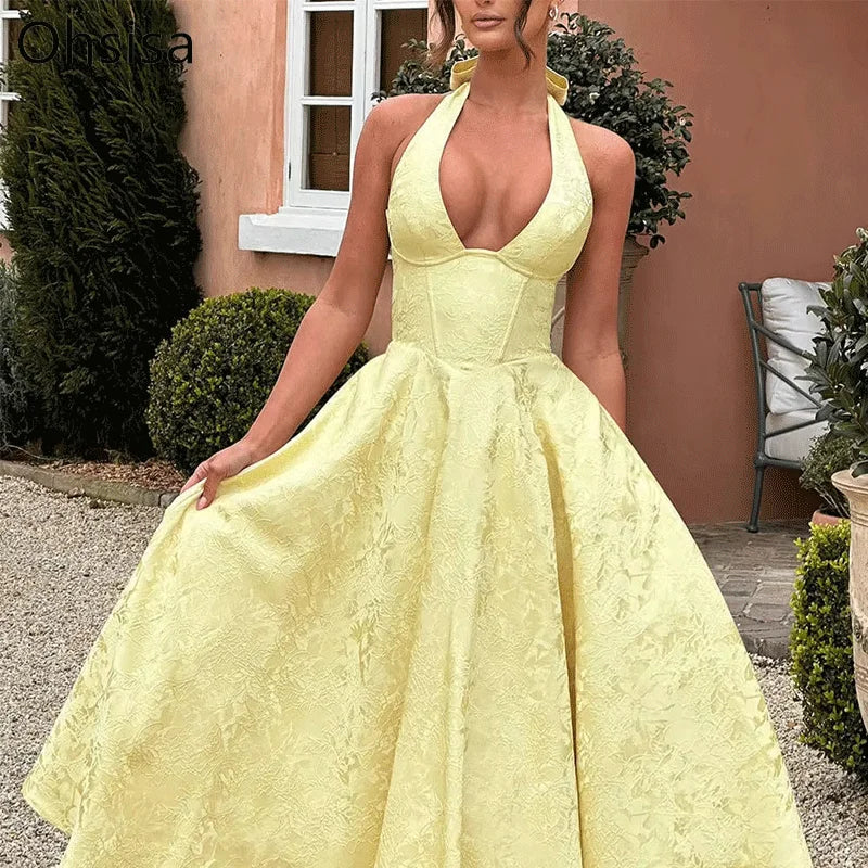 Osisa 2025 Summer Evening Dress Elegant V-neck Hanging Neck Sleeveless Bareback Waist Party Women's Long Dress