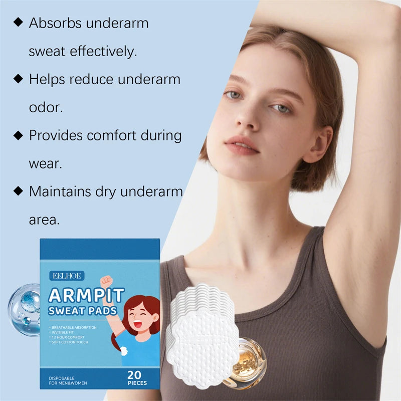 EELHOE 20pcs Armpit Sweat Pads Underarm Sweat Absorbing Odor Reducing Dry Underarm Maintaining Sweat Pads for Armpits