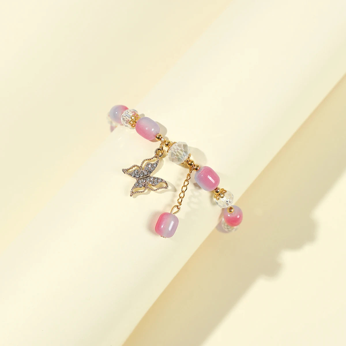 Colorful Gradient Butterfly Charm Bracelet with Jade Glass Pendant Girls' Crystal Butterfly Bracelet for Gift