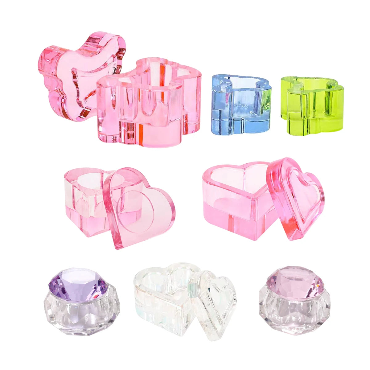 Pink Clear AB Color Heart Shape Square Shape Diamond Cubic Glass Jar Nail Monomer Liquid Dappen Dish with Lid