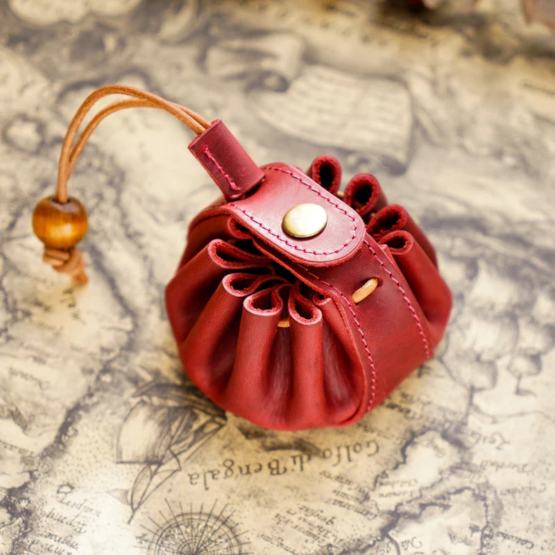 Wholesale Custom Handmade Key Chain Leather Drawstring Earphone Storage Pouch Bag Crazy Horse Genuine Leather Small Coin Purse