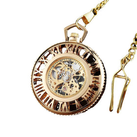 Mechanical Hand Wind Pocket Watch Men Women Retro Necklace Steampunk Skeleton Roman Number Clock