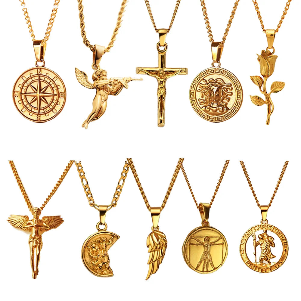 Factory Compass Medusa Crucifix 3D Cupid Necklace Revenge Gun Angel Pendant Charm Stainless Steel 18K Gold P Wing St.Christopher