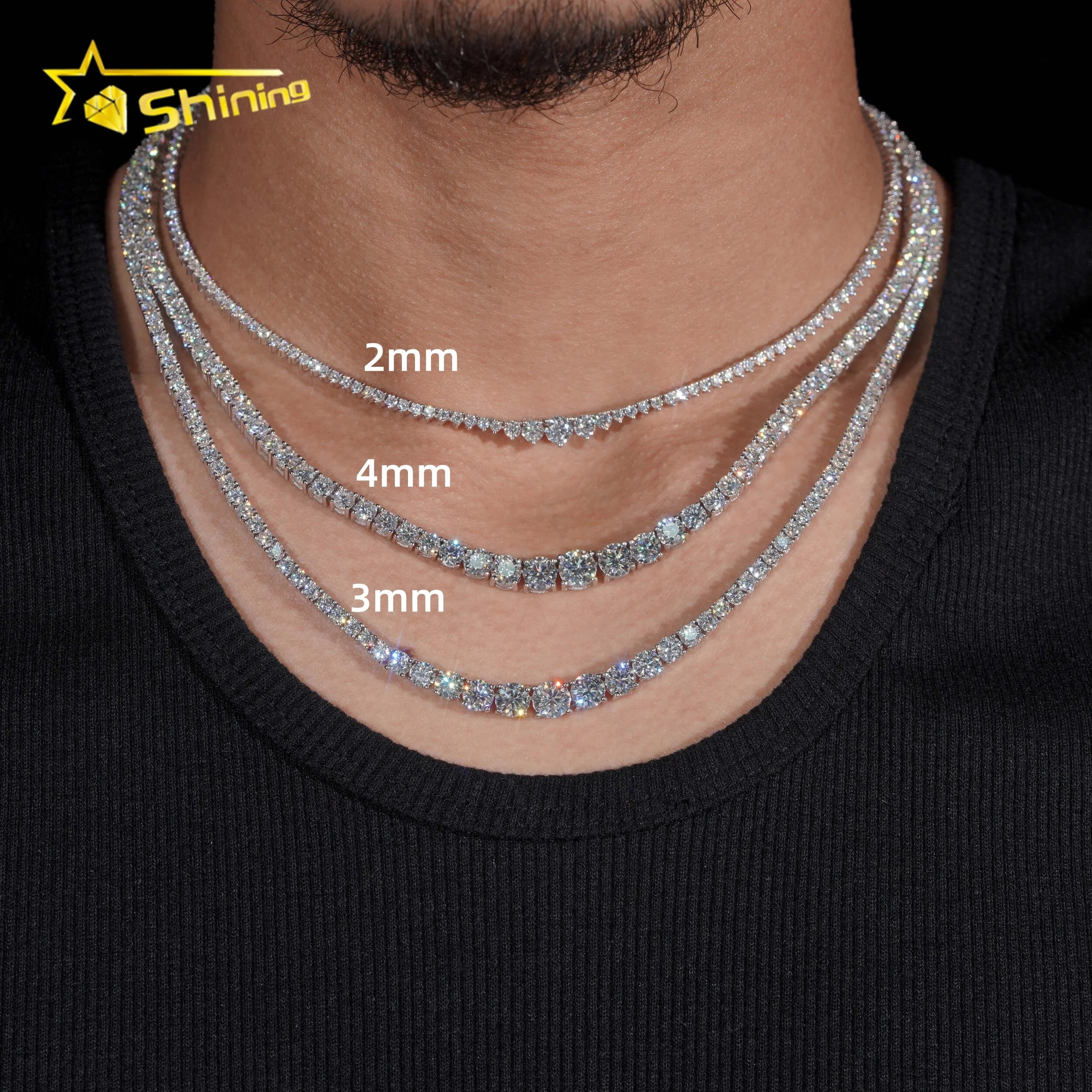 Hot Selling Hip Hop Prong Setting D Color 2mm 3mm 4mm Gradual Moissanite Tennis Chain Necklace for Women