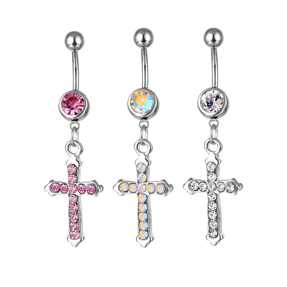 Fashion Body Piercing Rhinestone Cross Navel Ring Dainty Surgical Stainless Steel Cross Belly Button Rings Women