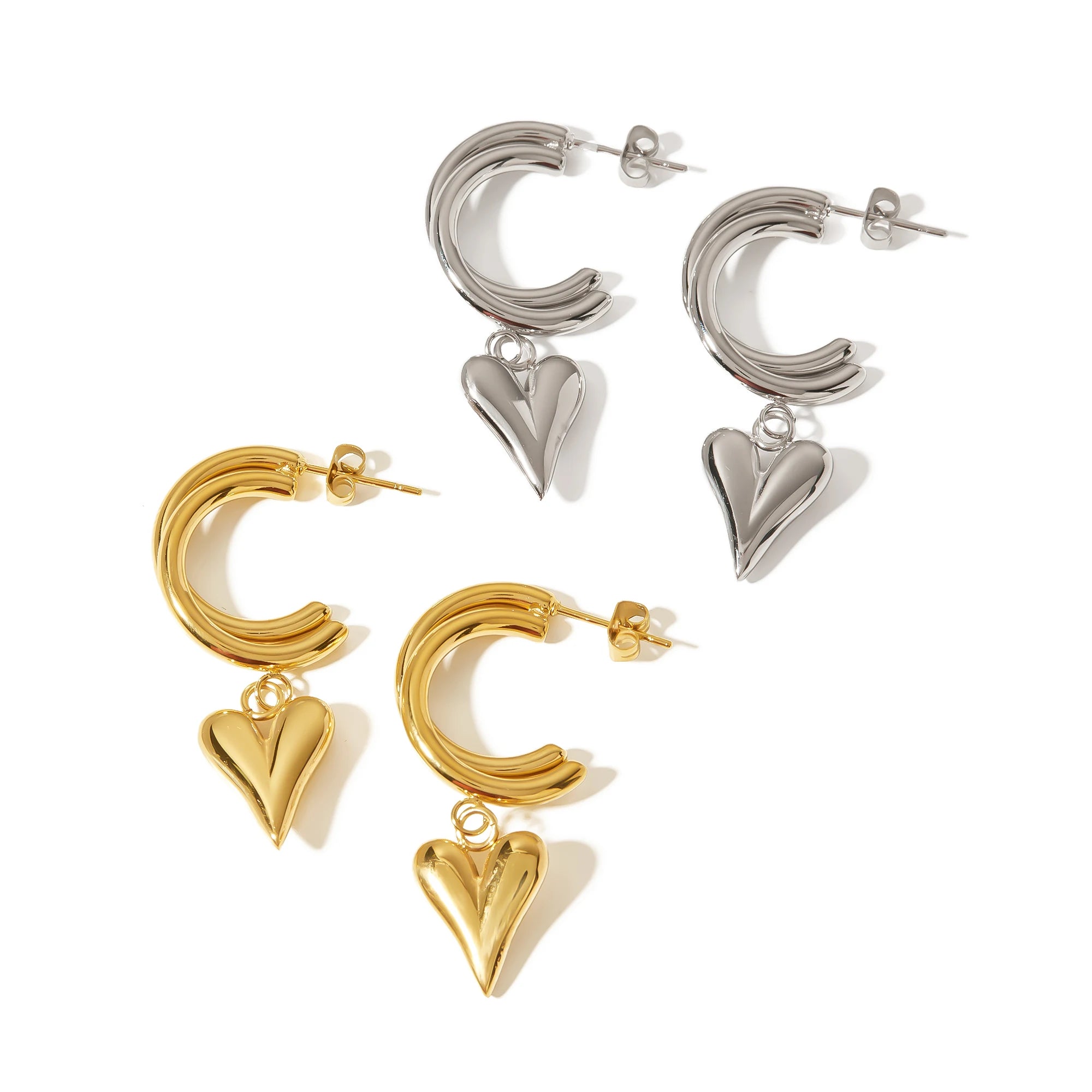 Luxury Stainless Steel 18K Gold Plated Silver Color Love Heart Drop Hoop Earrings CC Shape for Daily Jewelry