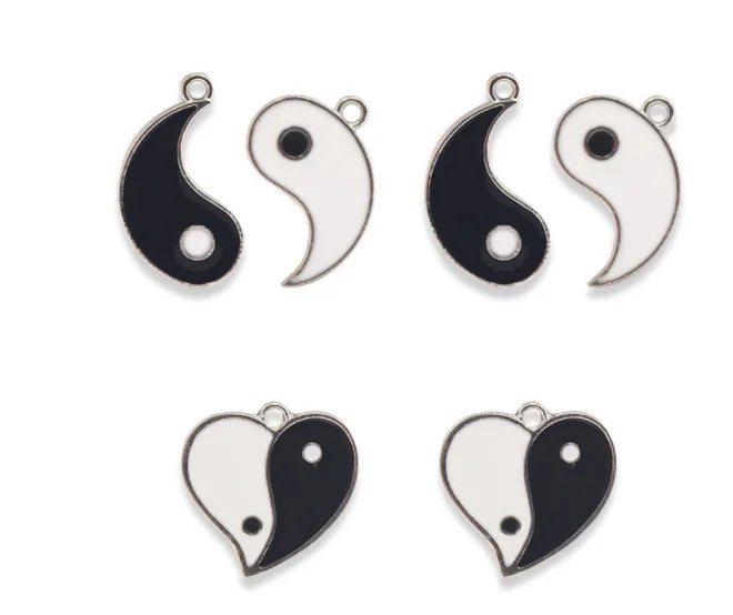 Black White YinYang Charms Heart Round Enamel Pendant Metal Beads for Bangle Key Chain Making Accessories