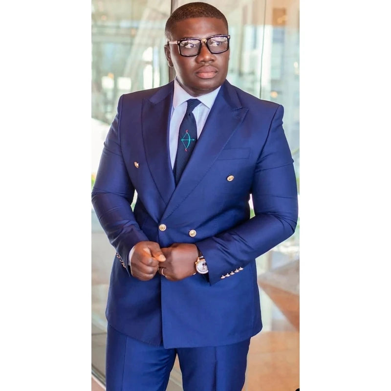 Blue Two Pieces Blue Wedding Tuxedos Men Suits Formal Corduroy Luscious Double Breasted Customized Fit Bridegroom Suits