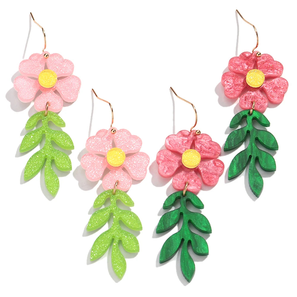 Sweet Simple Resin Flowers Jewelry Custom Glittery Pendant pink Flower Green Leaf Tassel Long Acrylic Dangle Earrings