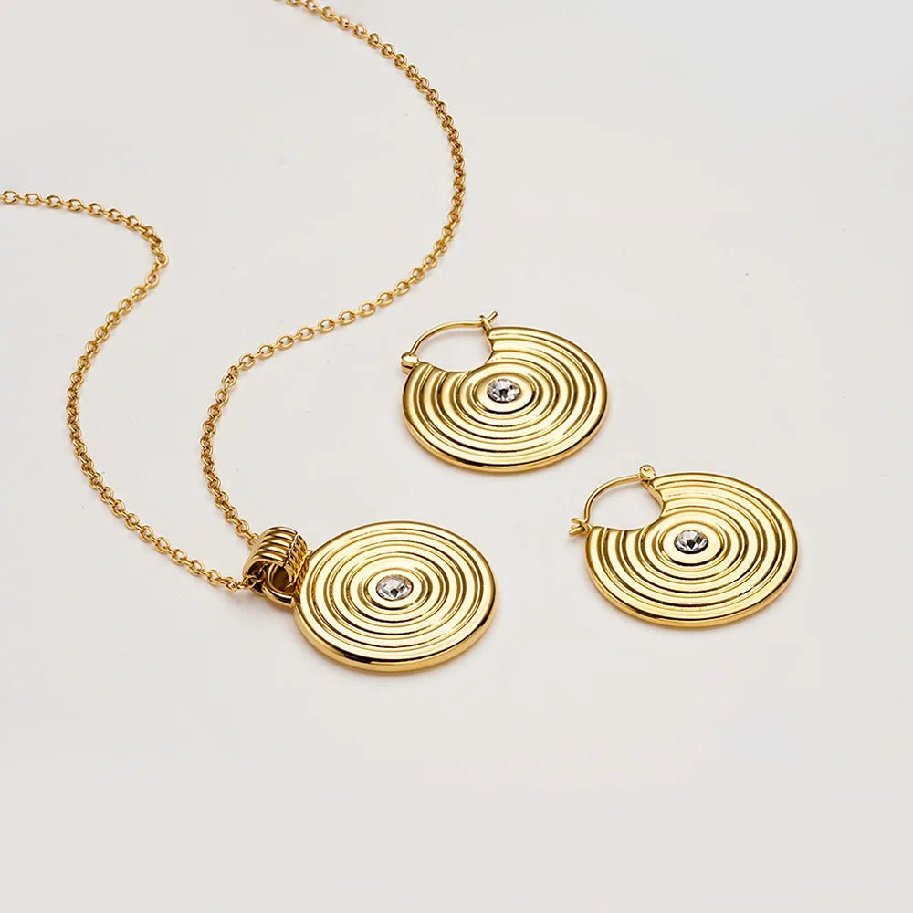 18K Gold Plated Stainless Steel Texture Round Zircon Pendant Necklace Earrings Ring Waterproof for Woman Jewelry Sets E251692