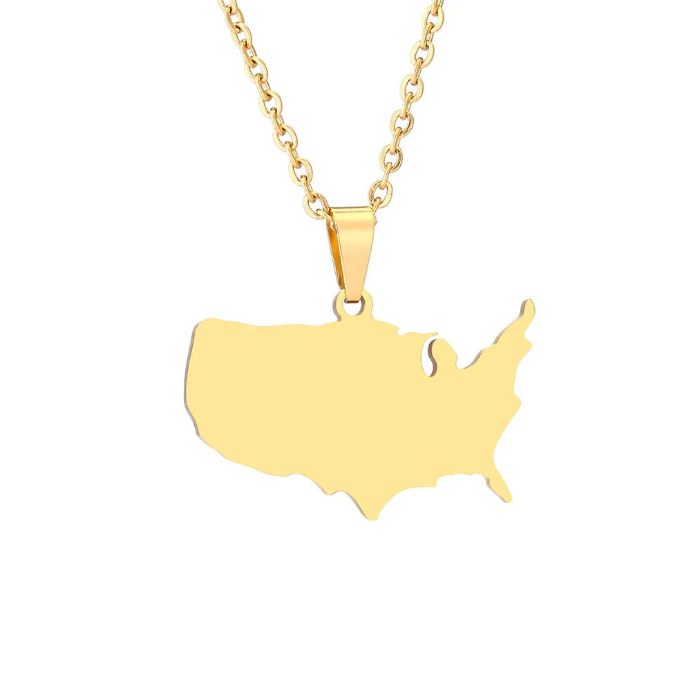 Stock Items 18K Gold Link Chain United States of America Map Necklace