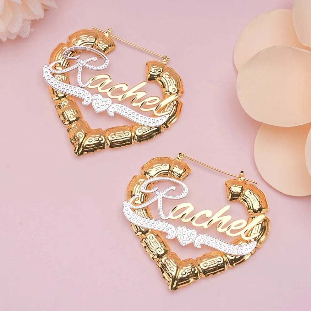 Qiuhan OEM/ODM Personalized Custom Name Letter Two Tone Heart Shape Big Hoop Earrings