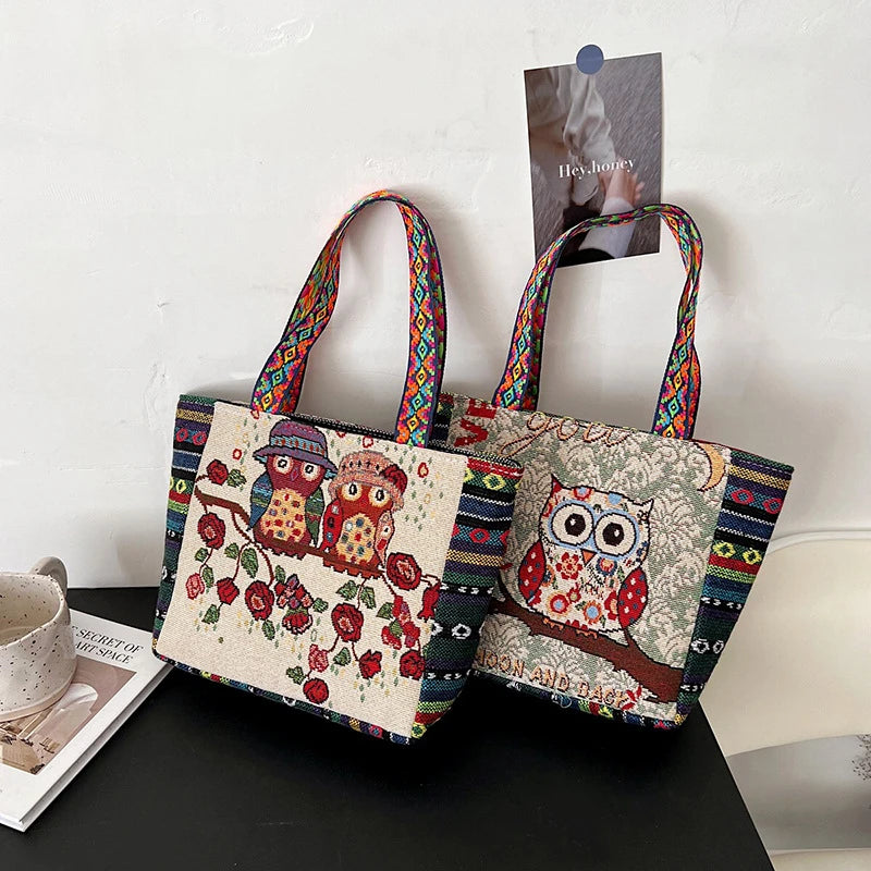 National Embroidered Designer Canvas Travel Handbags INS Style Women Handbags Ladies Tote Bags