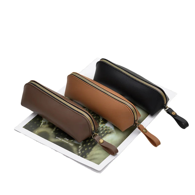 Bview Art Wholesale Quality Stylish PU Leather Zipper Pen Organizer Case Top Layer Cowhide Pencil Pouch Elegant Storage